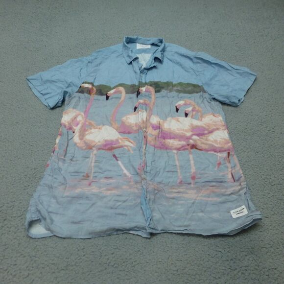 Duvin Shirt Mens Large Button Up Flamingo Blue Florida Beach Loop Collar - Picture 1 of 9